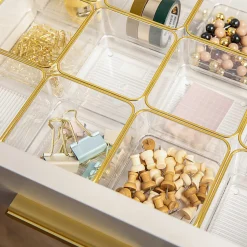 Martha Stewart Kerry Plastic Stackable Office Desk Drawer Organizers, 2"H x 3"W x 3"D, Clear/Gold Trim, Pack Of 12 Organizers
