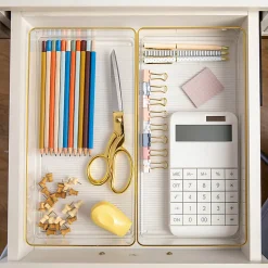 Martha Stewart Kerry Plastic Stackable Office Desk Drawer Organizers, 2"H x 6"W x 12"D, Clear/Gold Trim, Pack Of 3 Organizers
