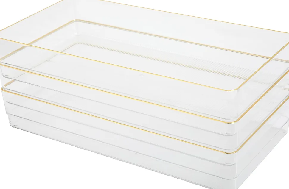 Martha Stewart Kerry Plastic Stackable Office Desk Drawer Organizers, 2"H x 6"W x 12"D, Clear/Gold Trim, Pack Of 3 Organizers