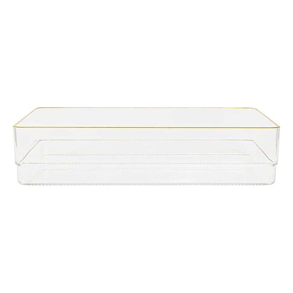 Martha Stewart Kerry Plastic Stackable Office Desk Drawer Organizers, 2"H x 6"W x 12"D, Clear/Gold Trim, Pack Of 3 Organizers