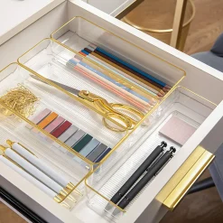 Martha Stewart Kerry Plastic Stackable Office Desk Drawer Organizers, 2"H x 3"W x 12"D, Clear/Gold Trim, Pack Of 6 Organizers