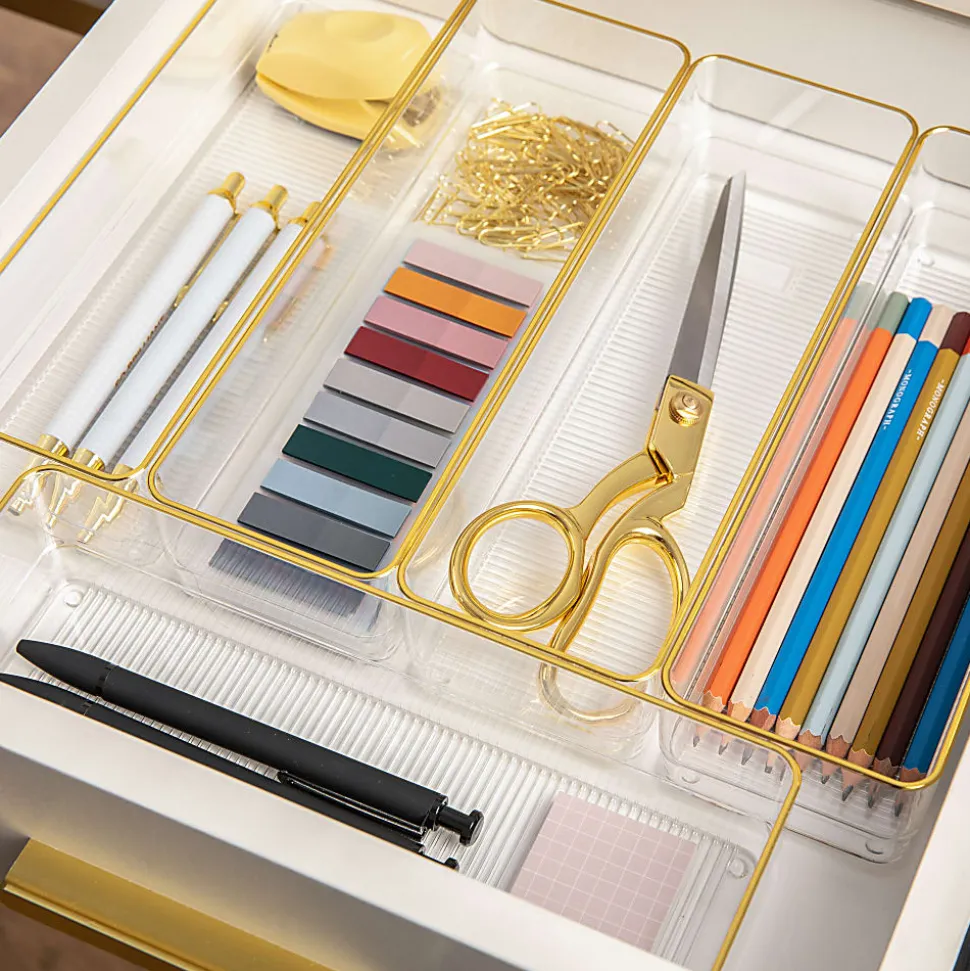 Martha Stewart Kerry Plastic Stackable Office Desk Drawer Organizers, 2"H x 3"W x 12"D, Clear/Gold Trim, Pack Of 6 Organizers