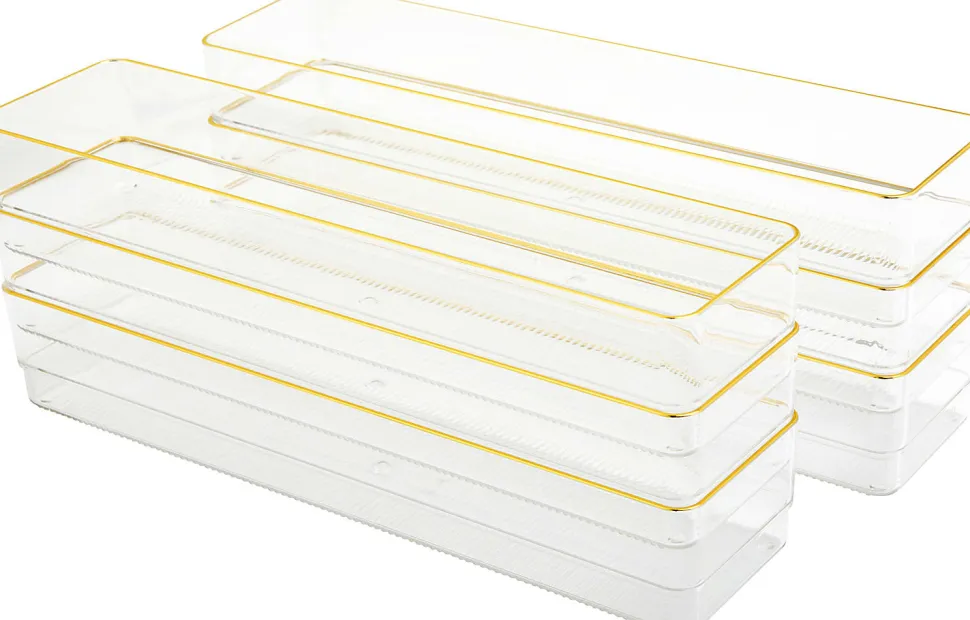 Martha Stewart Kerry Plastic Stackable Office Desk Drawer Organizers, 2"H x 3"W x 12"D, Clear/Gold Trim, Pack Of 6 Organizers