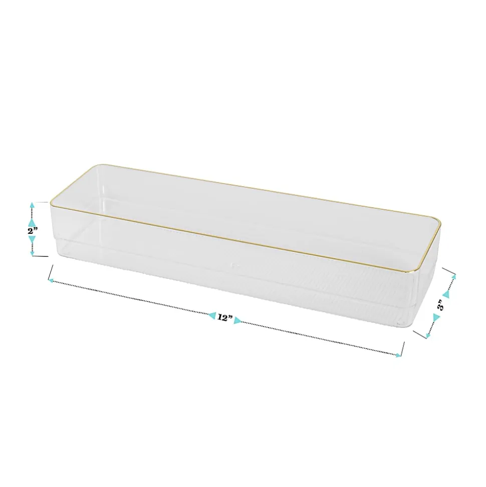 Martha Stewart Kerry Plastic Stackable Office Desk Drawer Organizers, 2"H x 3"W x 12"D, Clear/Gold Trim, Pack Of 6 Organizers