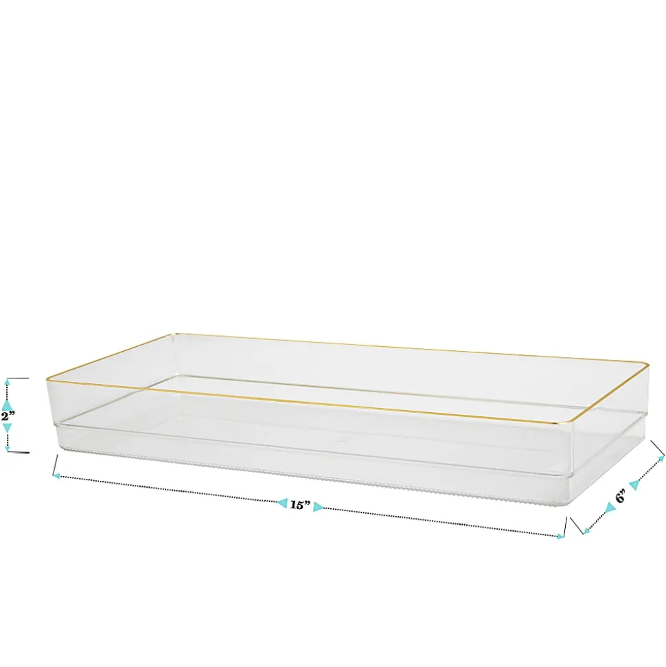 Martha Stewart Kerry Plastic Stackable Office Desk Drawer Organizers, 2"H x 6"W x 15"D, Clear/Gold Trim, Pack Of 2 Organizers
