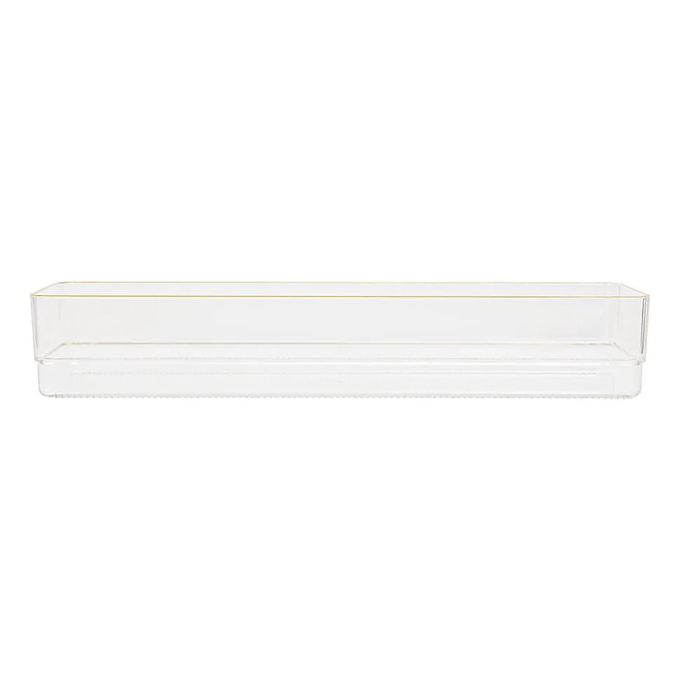Martha Stewart Kerry Plastic Stackable Office Desk Drawer Organizers, 2"H x 6"W x 15"D, Clear/Gold Trim, Pack Of 2 Organizers