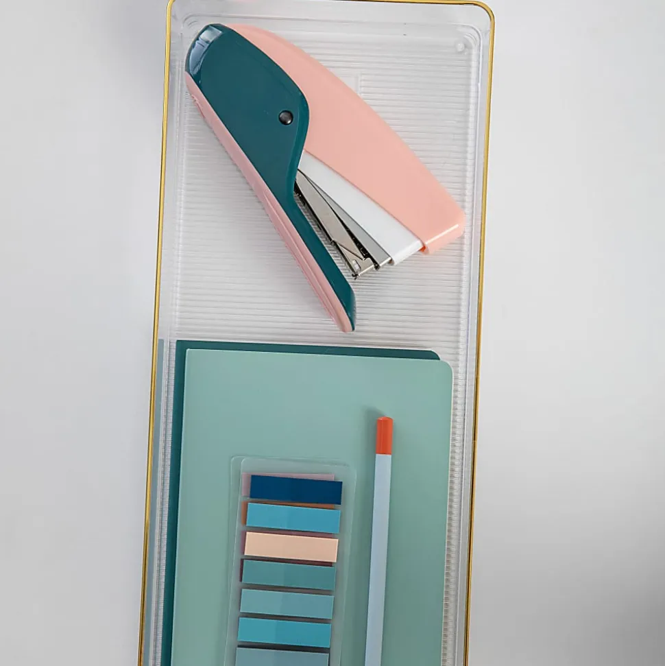 Martha Stewart Kerry Plastic Stackable Office Desk Drawer Organizers, 2"H x 6"W x 15"D, Clear/Gold Trim, Pack Of 2 Organizers