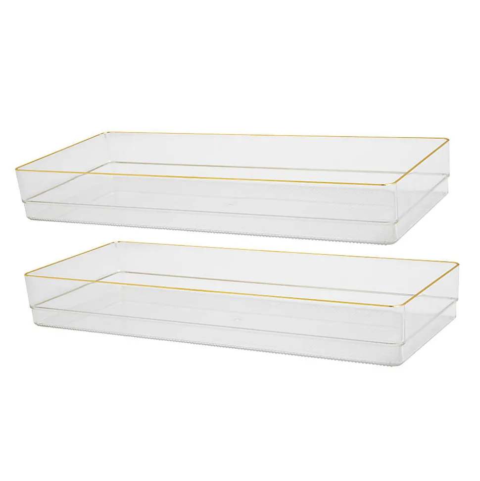 Martha Stewart Kerry Plastic Stackable Office Desk Drawer Organizers, 2"H x 6"W x 15"D, Clear/Gold Trim, Pack Of 2 Organizers