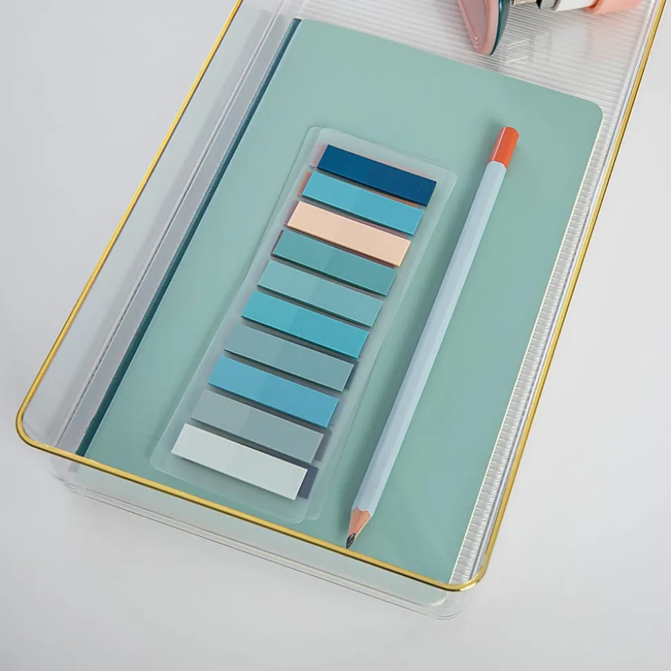 Martha Stewart Kerry Plastic Stackable Office Desk Drawer Organizers, 2"H x 6"W x 15"D, Clear/Gold Trim, Pack Of 2 Organizers