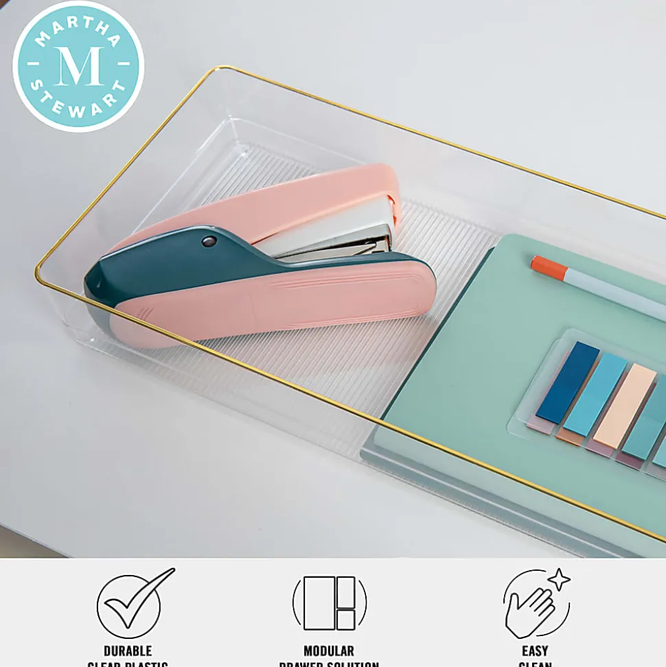 Martha Stewart Kerry Plastic Stackable Office Desk Drawer Organizers, 2"H x 6"W x 15"D, Clear/Gold Trim, Pack Of 2 Organizers