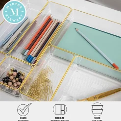 Martha Stewart Kerry Plastic Stackable Office Desk Drawer 8-Piece Organizer Set, Clear/Gold Trim