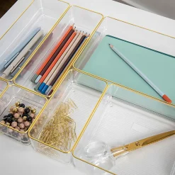 Martha Stewart Kerry Plastic Stackable Office Desk Drawer 8-Piece Organizer Set, Clear/Gold Trim