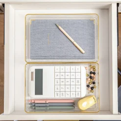 Martha Stewart Kerry Plastic Stackable Office Desk Drawer Organizers, 2"H x 6"W x 9"D, Clear/Gold Trim, Pack Of 3 Organizers
