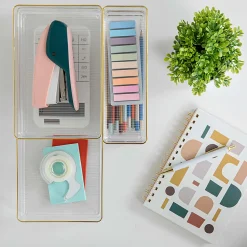 Martha Stewart Kerry Plastic Stackable Office Desk Drawer 5-Piece Organizer Set, Clear/Gold Trim
