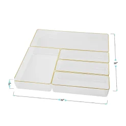 Martha Stewart Kerry Plastic Stackable Office Desk Drawer 5-Piece Organizer Set, Clear/Gold Trim