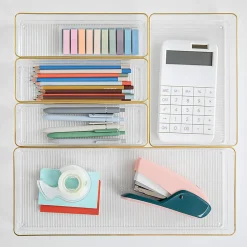 Martha Stewart Kerry Plastic Stackable Office Desk Drawer 5-Piece Organizer Set, Clear/Gold Trim