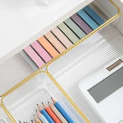 Martha Stewart Kerry Plastic Stackable Office Desk Drawer 5-Piece Organizer Set, Clear/Gold Trim