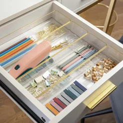 Martha Stewart Kerry Plastic Stackable Office Desk Drawer Organizers, 2"H x 3"W x 9"D, Clear/Gold Trim, Pack Of 8 Organizers