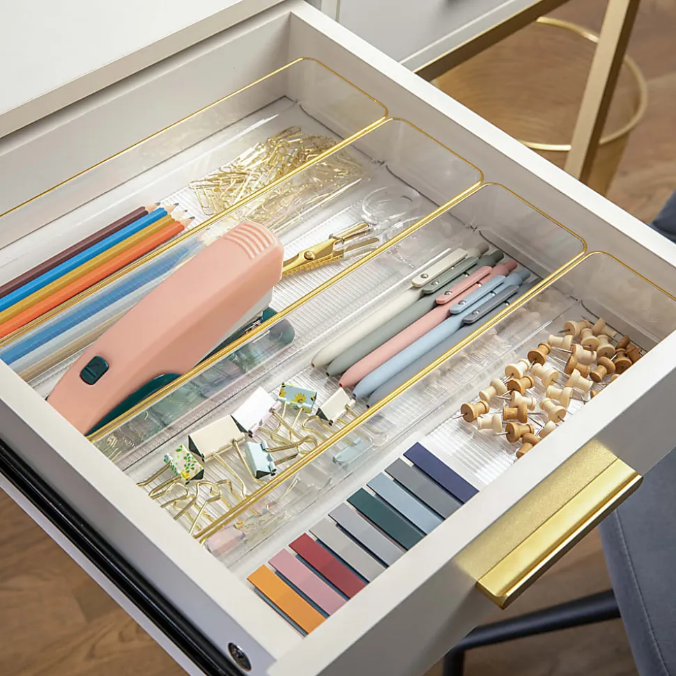 Martha Stewart Kerry Plastic Stackable Office Desk Drawer Organizers, 2"H x 3"W x 9"D, Clear/Gold Trim, Pack Of 8 Organizers