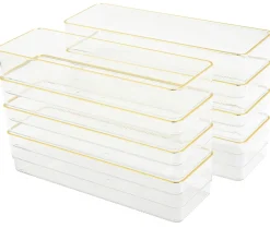 Martha Stewart Kerry Plastic Stackable Office Desk Drawer Organizers, 2"H x 3"W x 9"D, Clear/Gold Trim, Pack Of 8 Organizers