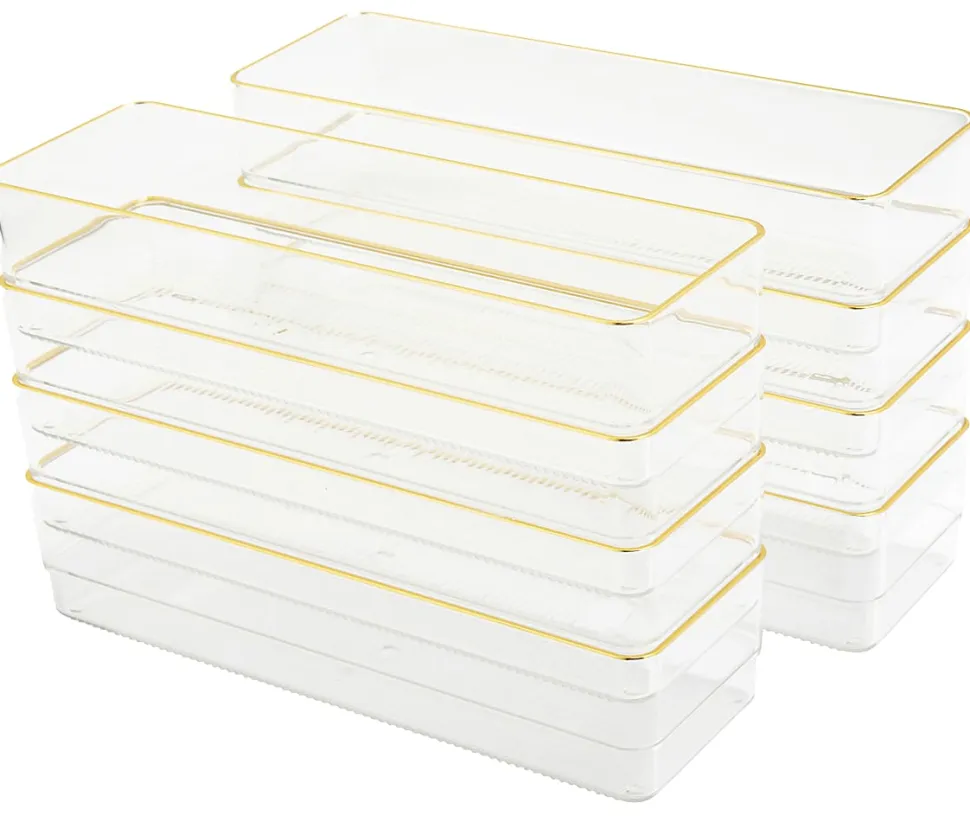 Martha Stewart Kerry Plastic Stackable Office Desk Drawer Organizers, 2"H x 3"W x 9"D, Clear/Gold Trim, Pack Of 8 Organizers