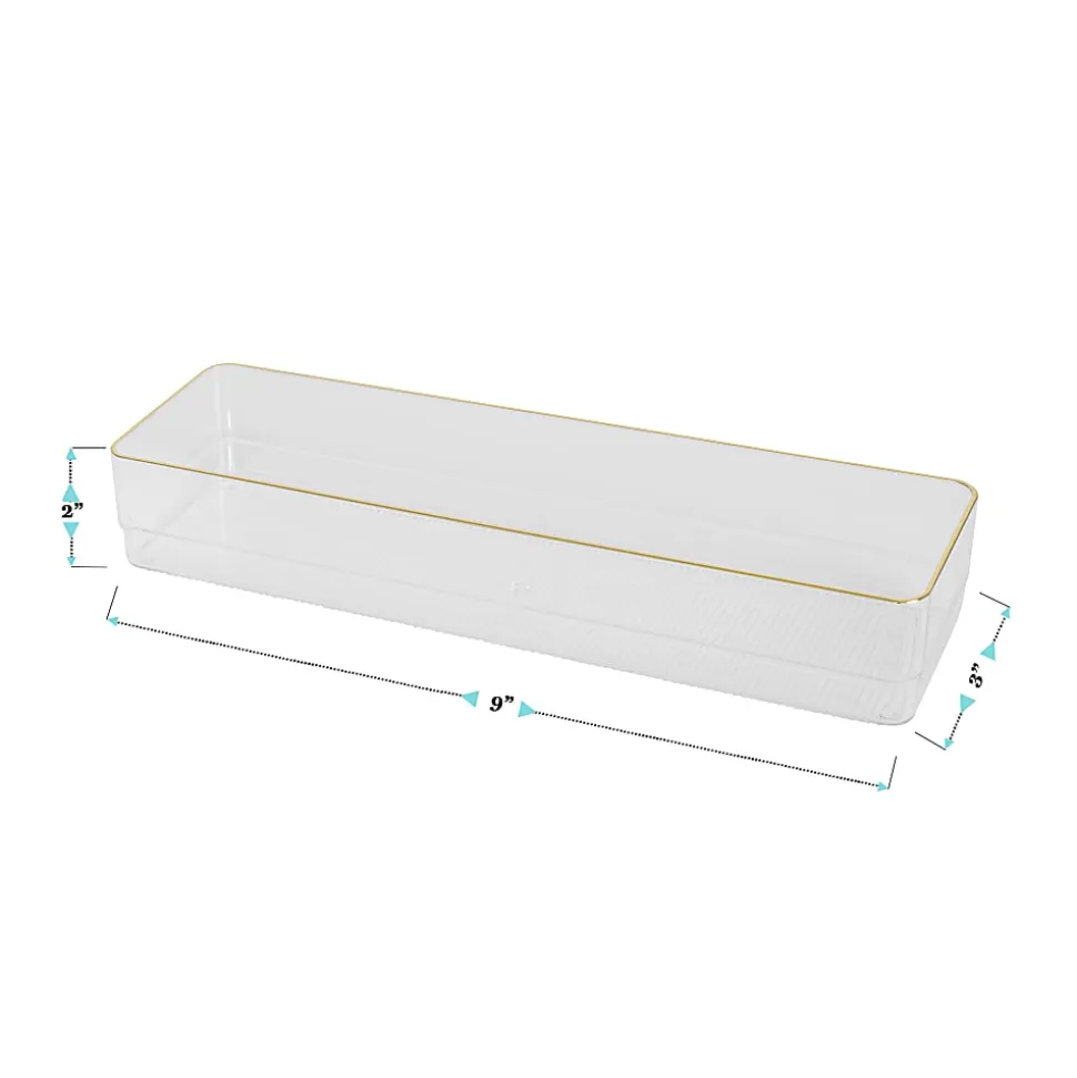 Martha Stewart Kerry Plastic Stackable Office Desk Drawer Organizers, 2"H x 3"W x 9"D, Clear/Gold Trim, Pack Of 8 Organizers