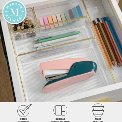 Martha Stewart Kerry Plastic Stackable Office Desk Drawer 6-Piece Organizer Set, Clear/Gold Trim