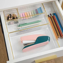 Martha Stewart Kerry Plastic Stackable Office Desk Drawer 6-Piece Organizer Set, Clear/Gold Trim
