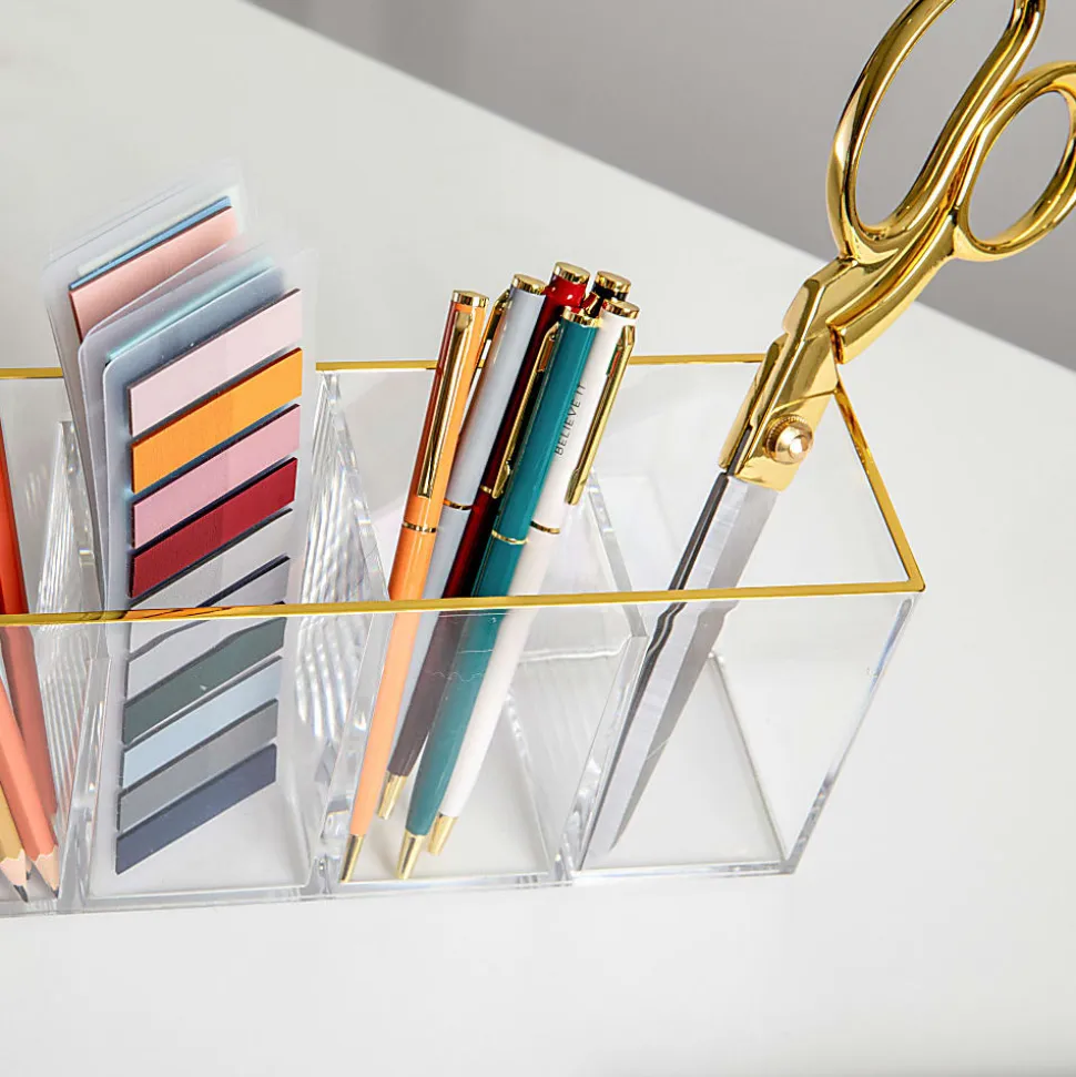 Martha Stewart Kerry Plastic 4-Compartment Pen Holder Office Desktop Organizer, 3-3/4"H x 2-3/4"W x 8-3/4"D, Clear/Gold Trim