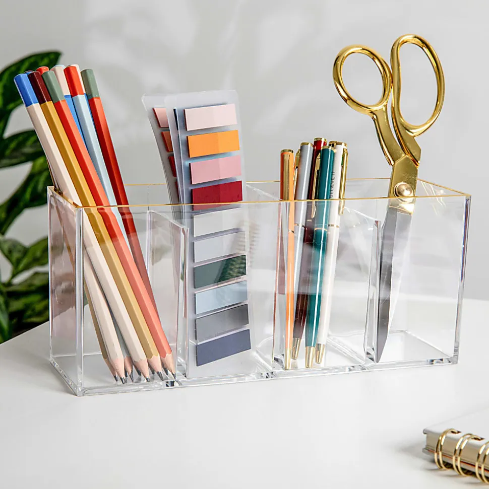Martha Stewart Kerry Plastic 4-Compartment Pen Holder Office Desktop Organizer, 3-3/4"H x 2-3/4"W x 8-3/4"D, Clear/Gold Trim