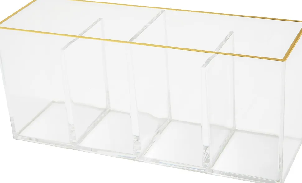 Martha Stewart Kerry Plastic 4-Compartment Pen Holder Office Desktop Organizer, 3-3/4"H x 2-3/4"W x 8-3/4"D, Clear/Gold Trim