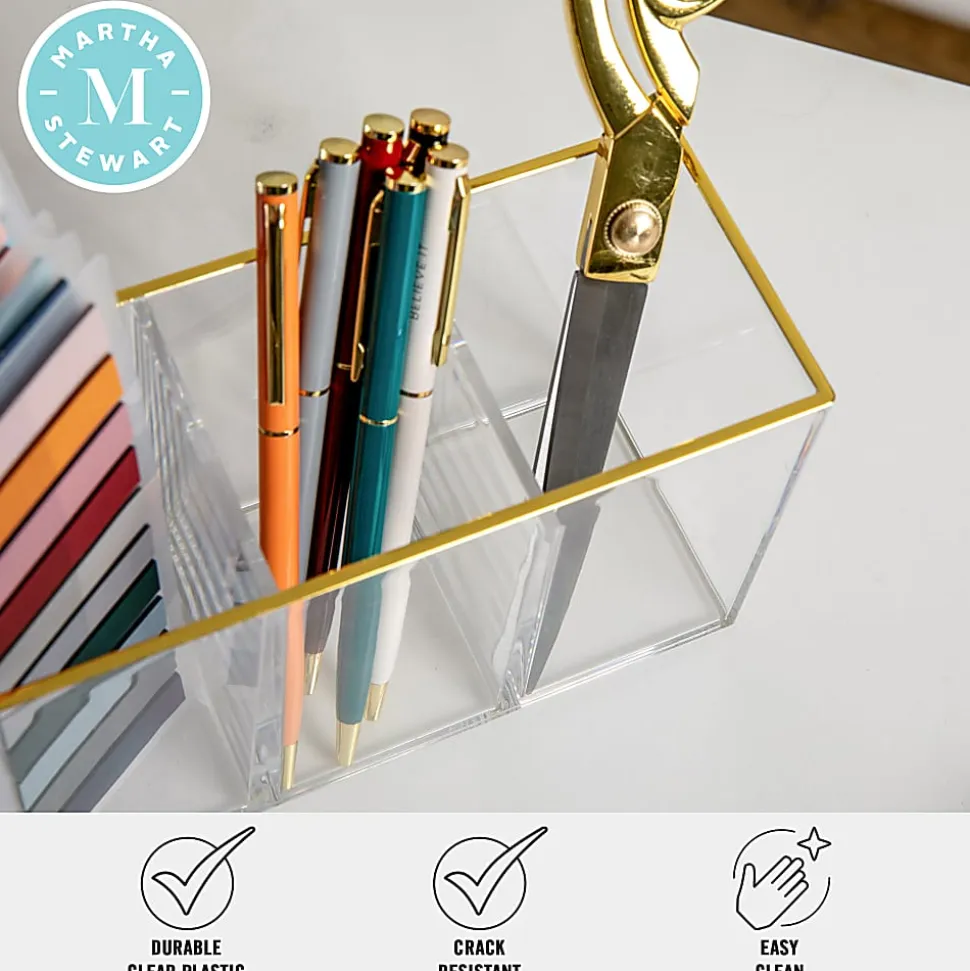 Martha Stewart Kerry Plastic 4-Compartment Pen Holder Office Desktop Organizer, 3-3/4"H x 2-3/4"W x 8-3/4"D, Clear/Gold Trim