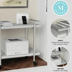 Martha Stewart Liam 2-Tier Office Storage And Printer Cart, Gray/Brushed Nickel