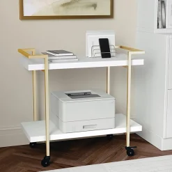 Martha Stewart Liam 2-Tier Office Storage And Printer Cart, White/Polished Brass