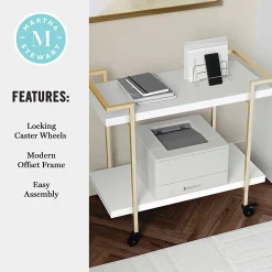 Martha Stewart Liam 2-Tier Office Storage And Printer Cart, White/Polished Brass