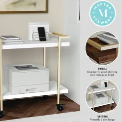 Martha Stewart Liam 2-Tier Office Storage And Printer Cart, White/Polished Brass