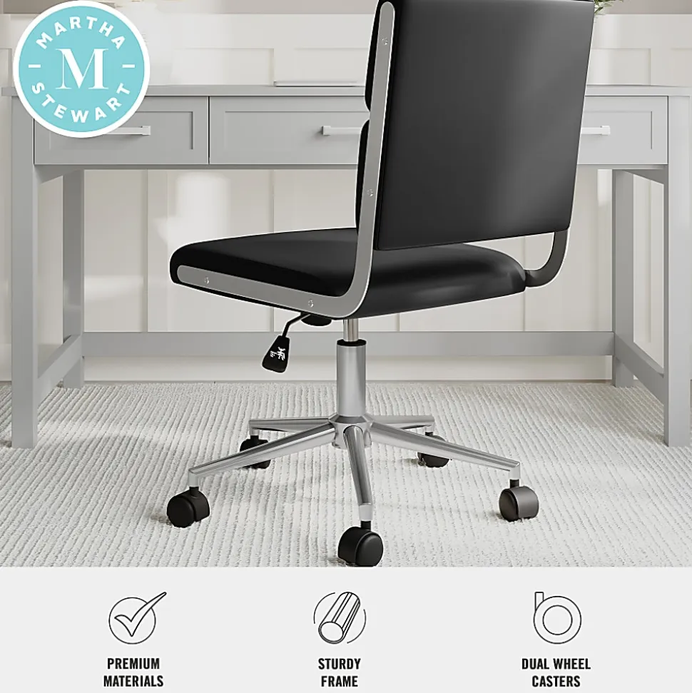 Martha Stewart Lulu Upholstered Office Chair, Black Faux Leather/Polished Nickel Frame