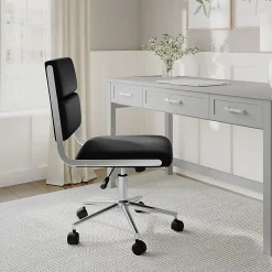 Martha Stewart Lulu Upholstered Office Chair, Black Faux Leather/Polished Nickel Frame
