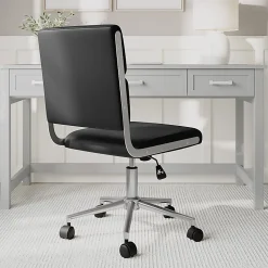 Martha Stewart Lulu Upholstered Office Chair, Black Faux Leather/Polished Nickel Frame