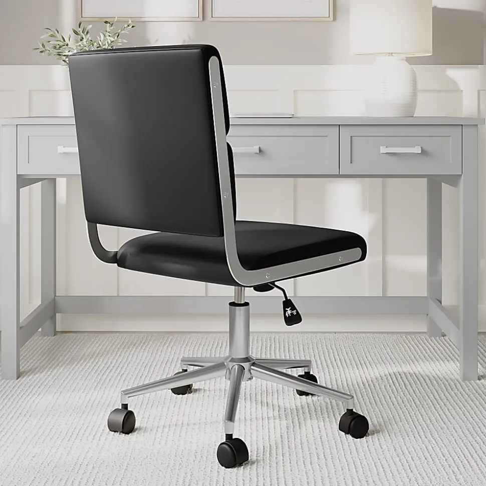 Martha Stewart Lulu Upholstered Office Chair, Black Faux Leather/Polished Nickel Frame