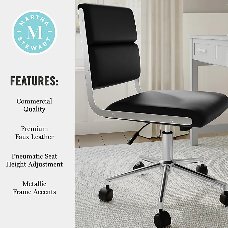 Martha Stewart Lulu Upholstered Office Chair, Black Faux Leather/Polished Nickel Frame