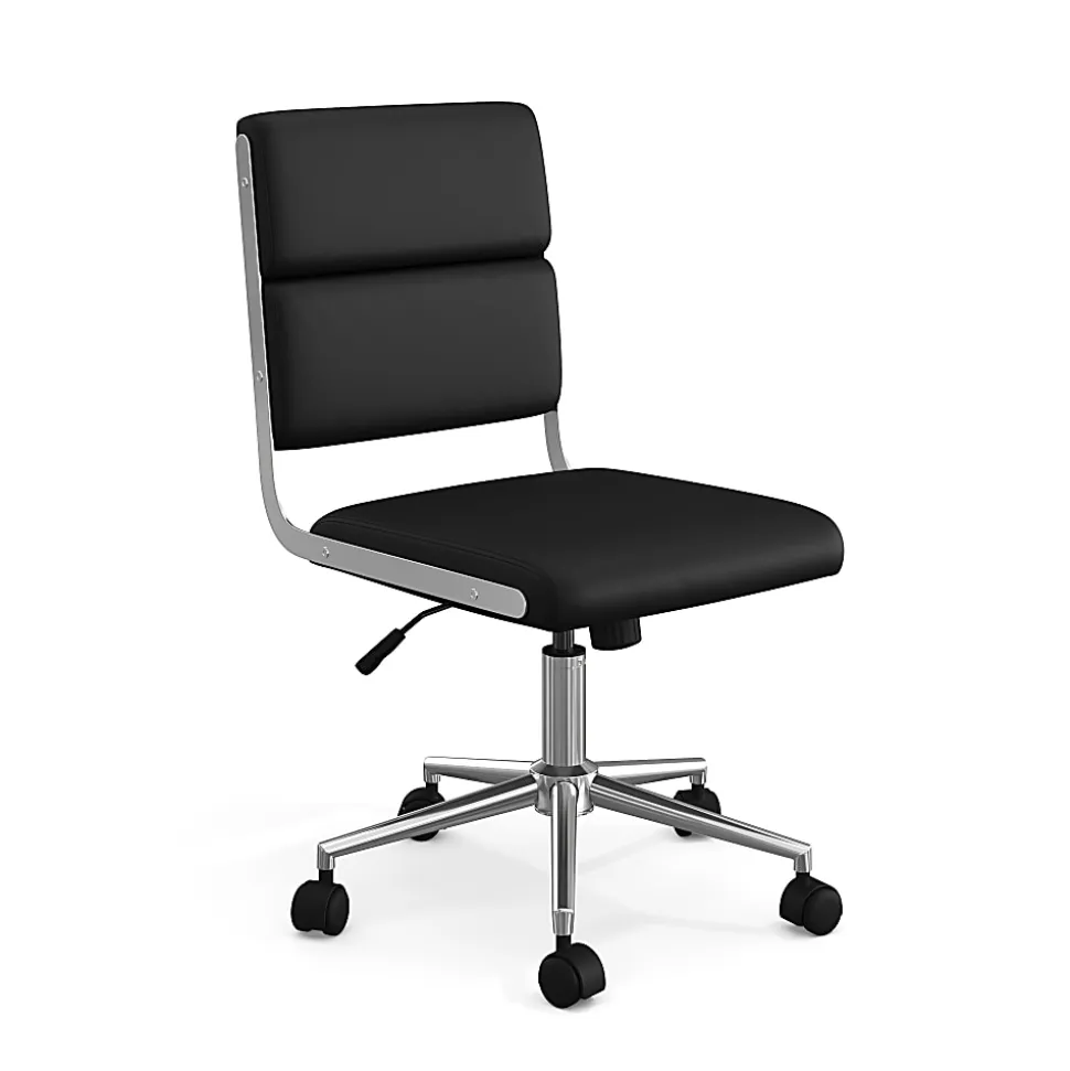 Martha Stewart Lulu Upholstered Office Chair, Black Faux Leather/Polished Nickel Frame