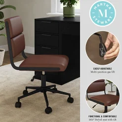 Martha Stewart Lulu Upholstered Office Chair, Saddle Brown Faux Leather/Oil Rubbed Bronze Frame