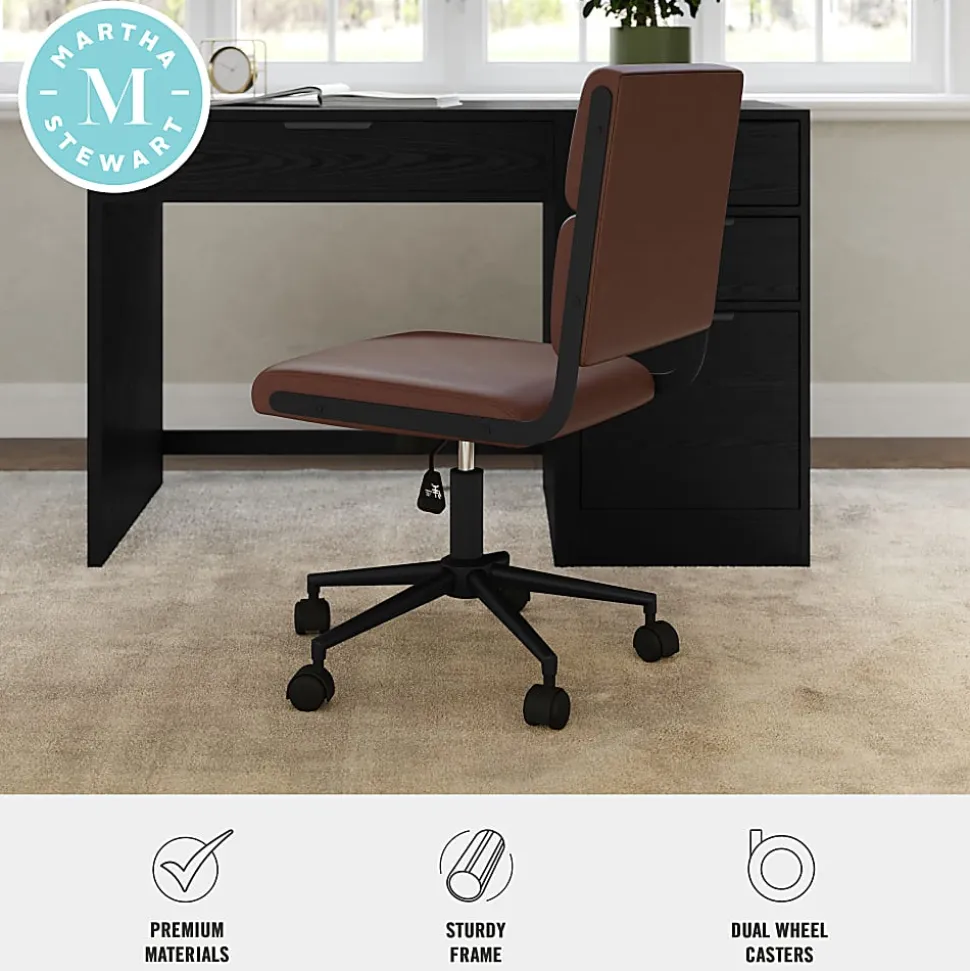 Martha Stewart Lulu Upholstered Office Chair, Saddle Brown Faux Leather/Oil Rubbed Bronze Frame
