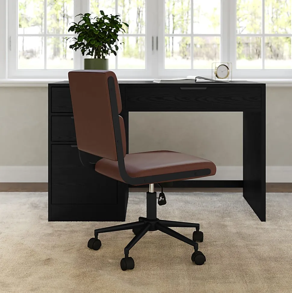 Martha Stewart Lulu Upholstered Office Chair, Saddle Brown Faux Leather/Oil Rubbed Bronze Frame