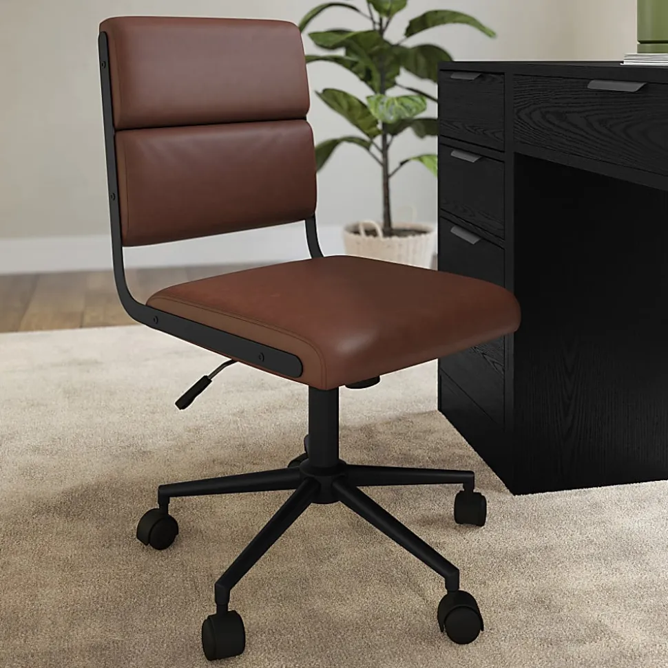 Martha Stewart Lulu Upholstered Office Chair, Saddle Brown Faux Leather/Oil Rubbed Bronze Frame