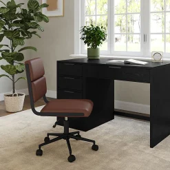 Martha Stewart Lulu Upholstered Office Chair, Saddle Brown Faux Leather/Oil Rubbed Bronze Frame