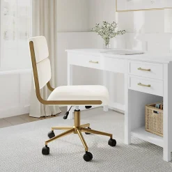 Martha Stewart Lulu Upholstered Office Chair, Off White Faux Leather/Polished Brass Frame