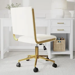 Martha Stewart Lulu Upholstered Office Chair, Off White Faux Leather/Polished Brass Frame