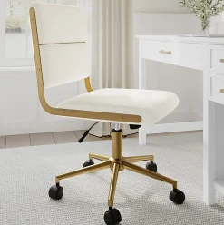 Martha Stewart Lulu Upholstered Office Chair, Off White Faux Leather/Polished Brass Frame